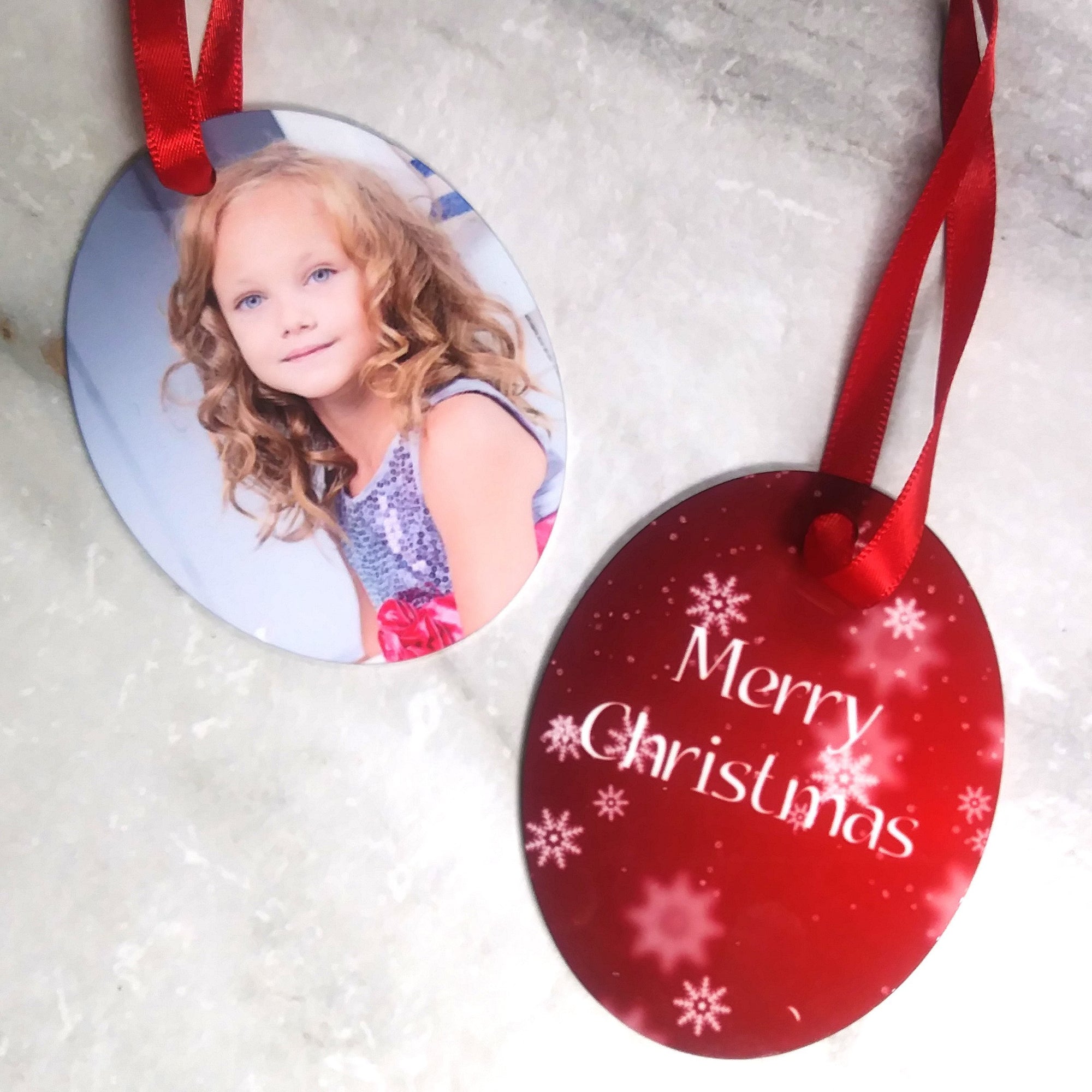 Christmas Photo Ornaments - Metal Oval - Your Photo & Snow Flakes & Merry Christmas - SophiaImpressions