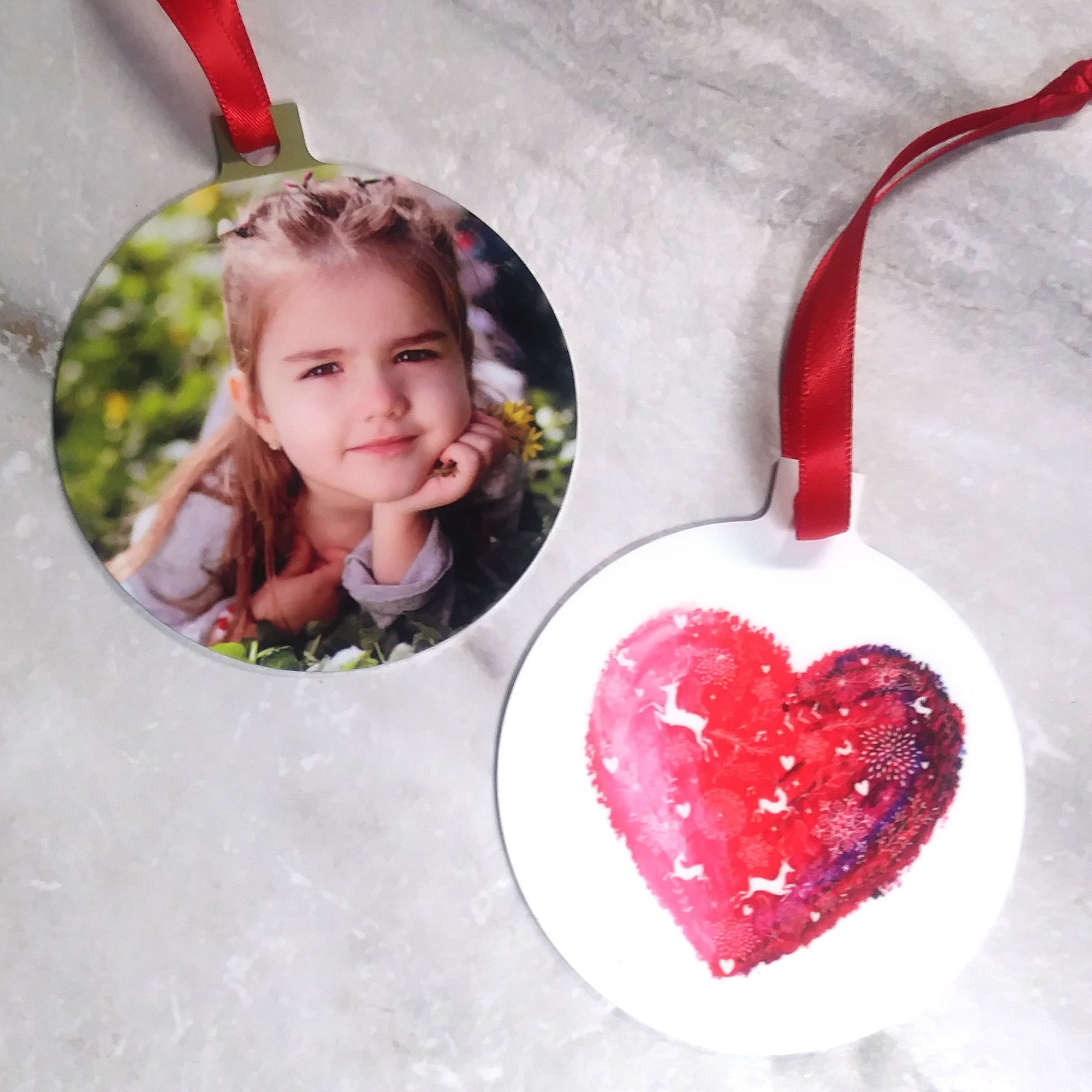 Christmas Photo Ornaments - Metal Round - Your Photo & Christmas Heart - SophiaImpressions