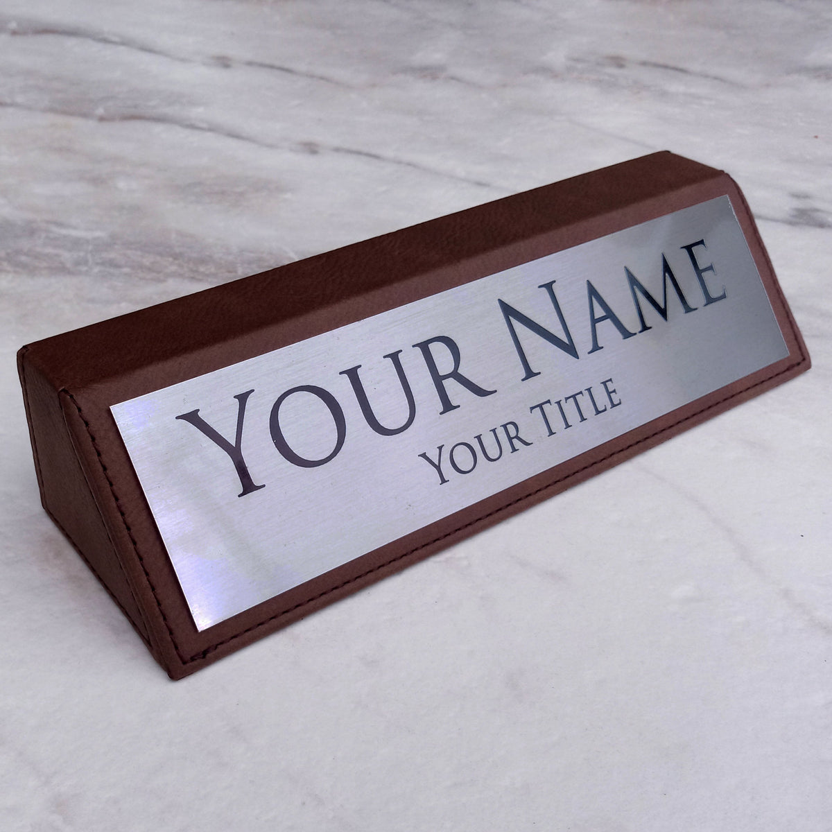 Leatherette Desk Signs - Brown &amp; Silver