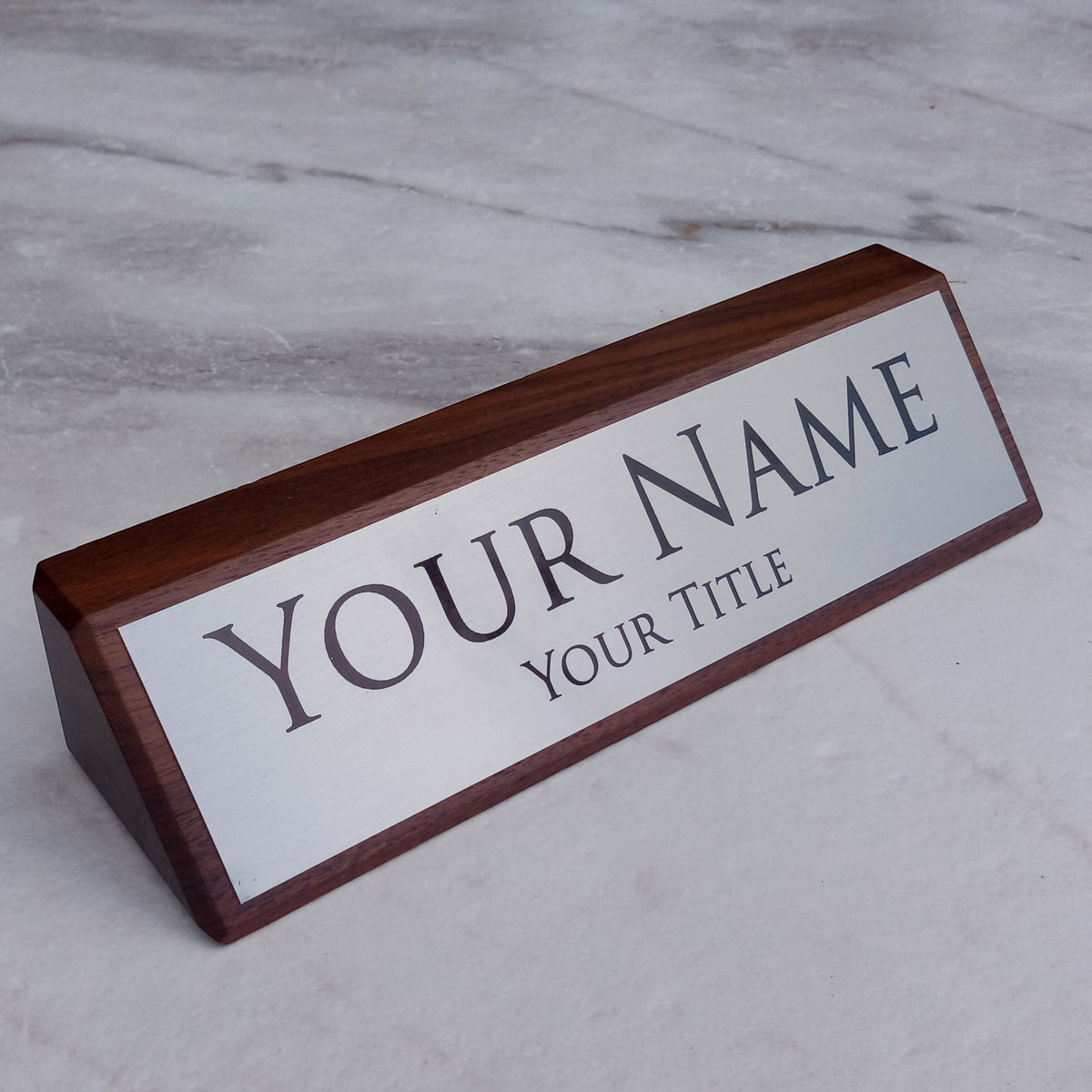 Personalized Wood Desk Sign - Walnut with Silver