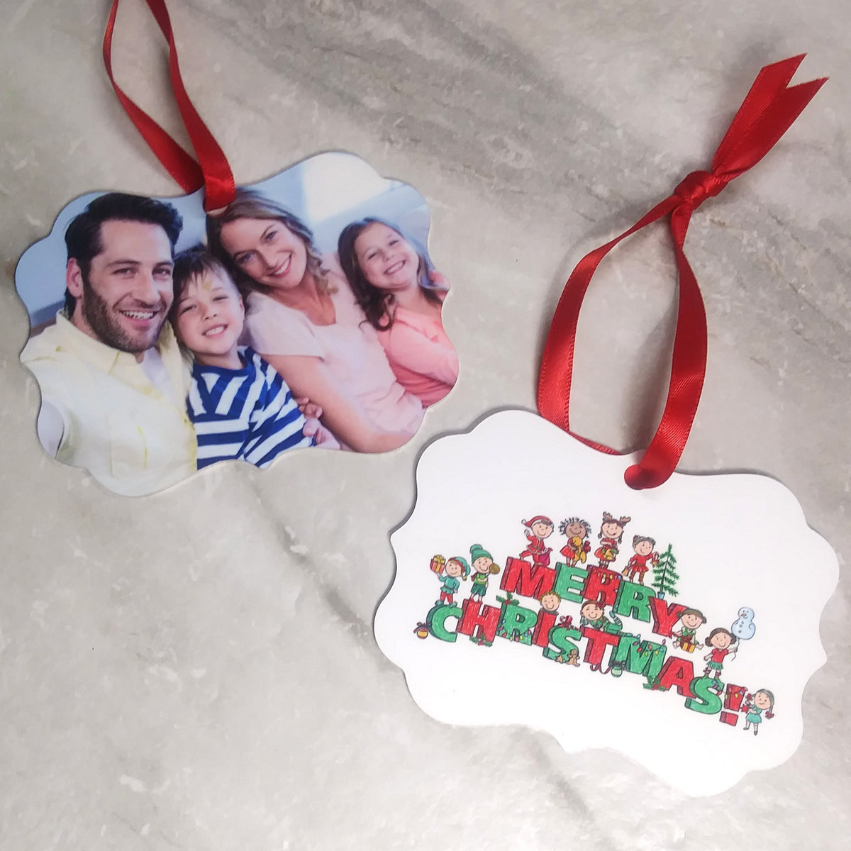 Christmas Photo Ornaments - Metal Benelux -Your Photo with Elves &amp; Merry Christmas - SophiaImpressions