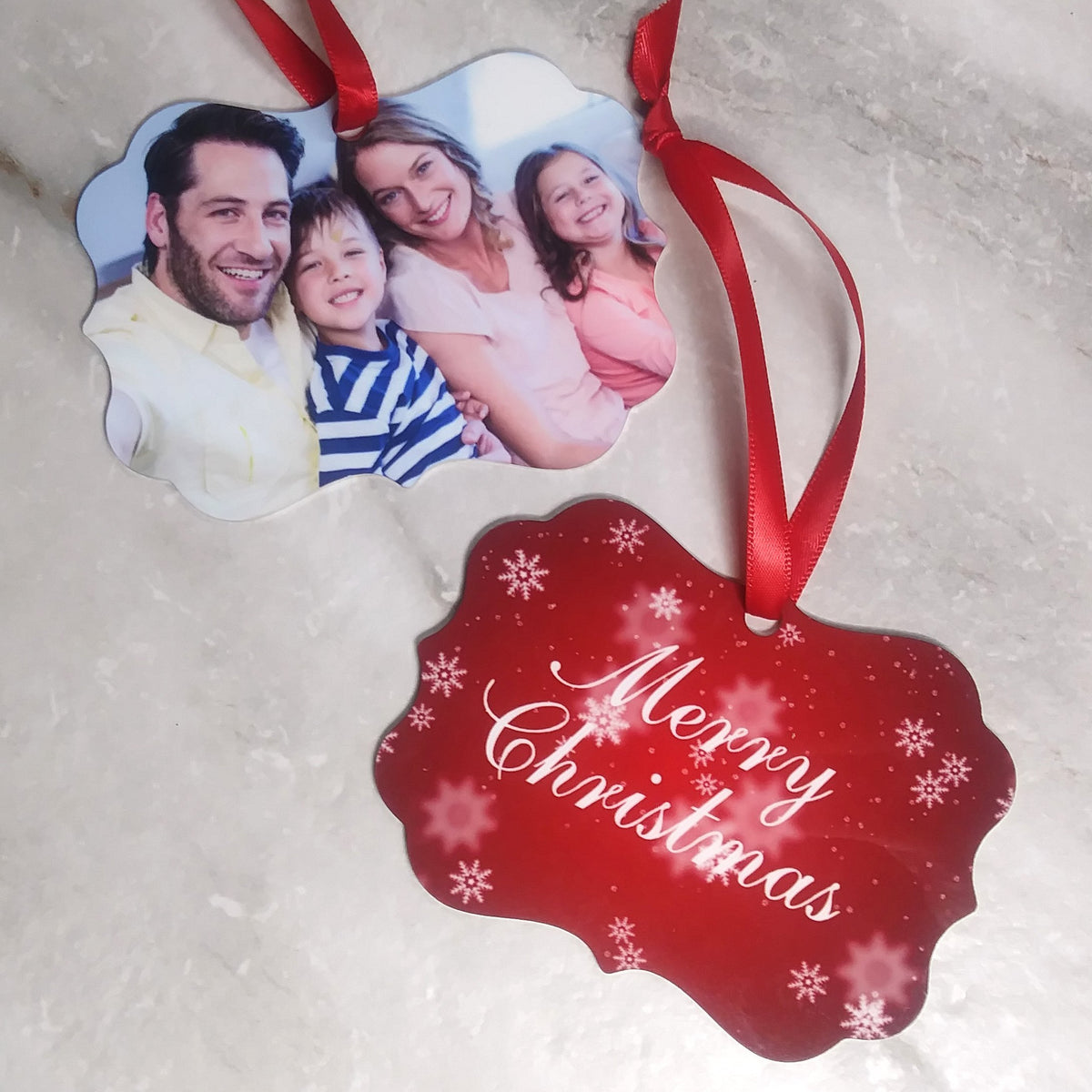 Christmas Photo Ornaments - Metal Benelux -Your Photo with Snow Flakes &amp; Merry Christmas - SophiaImpressions