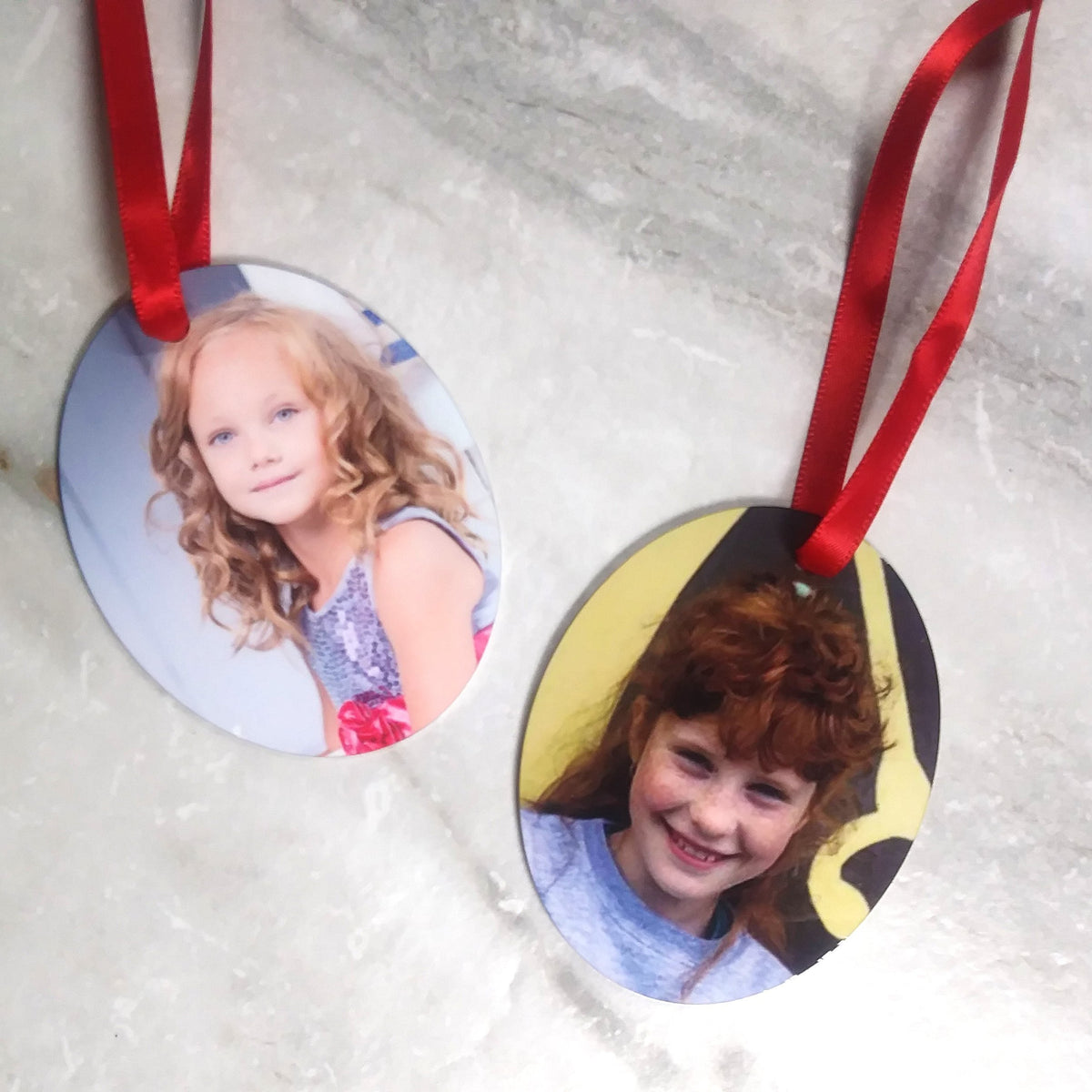 Christmas Photo Ornaments - Metal Oval - Photos Both Sides - SophiaImpressions