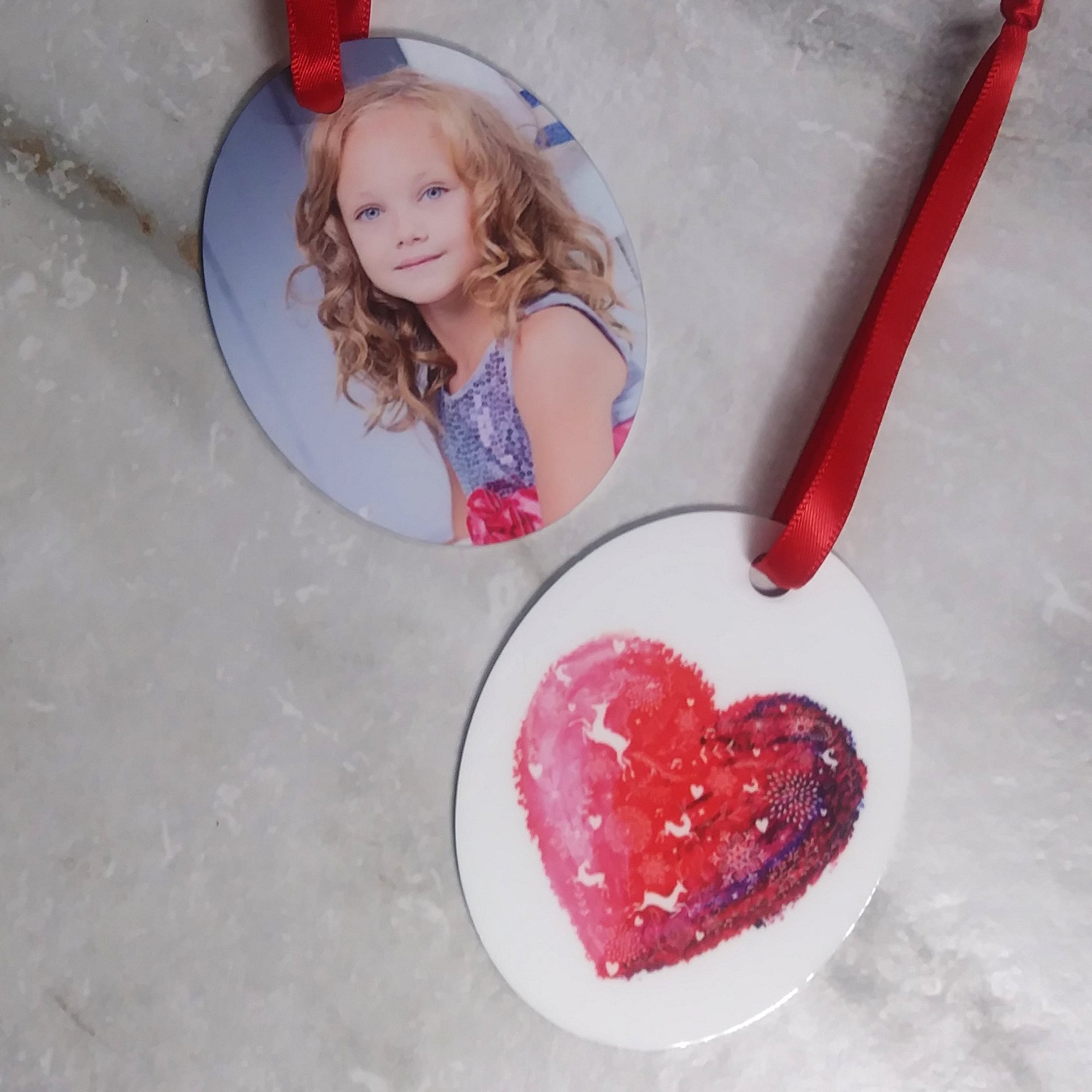 Christmas Photo Ornaments - Metal Oval - Your Photo & Christmas Heart - SophiaImpressions