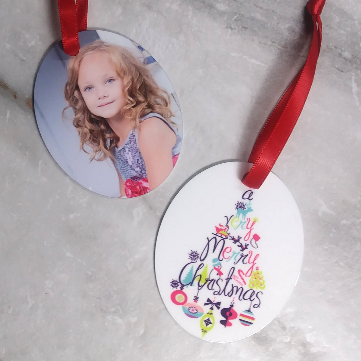 Christmas Photo Ornaments - Metal Oval - Your Photo &amp; Merry Christmas Tree - SophiaImpressions