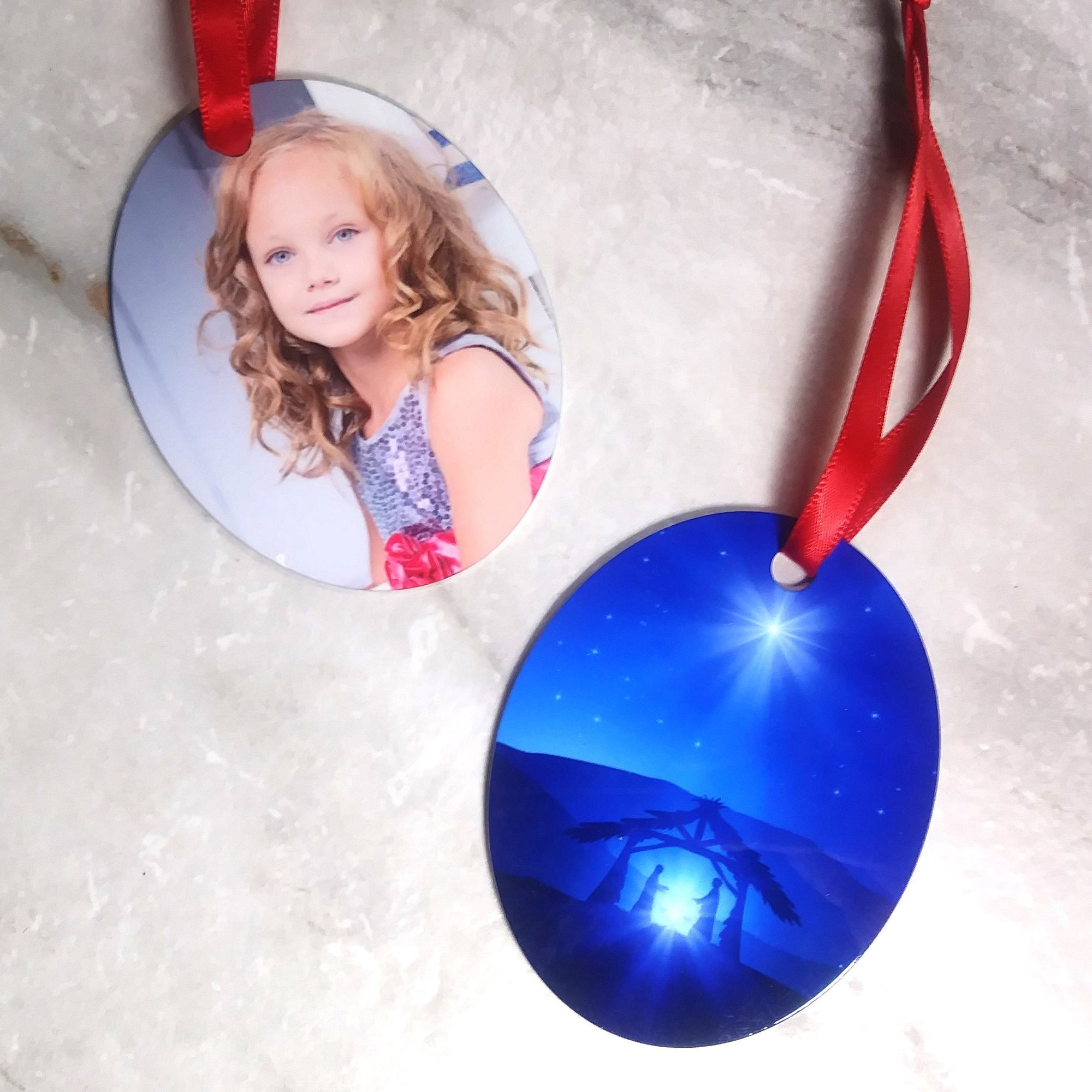 Christmas Photo Ornaments - Metal Oval - Your Photo & Nativity Scene - SophiaImpressions