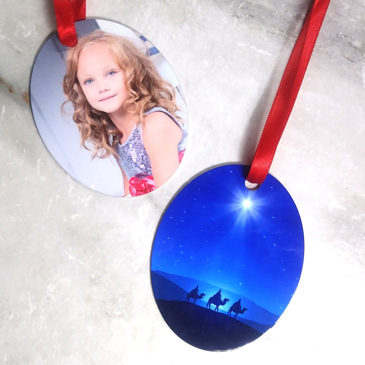 Christmas Photo Ornaments - Metal Oval - Your Photo &amp; Three Wise Men - SophiaImpressions