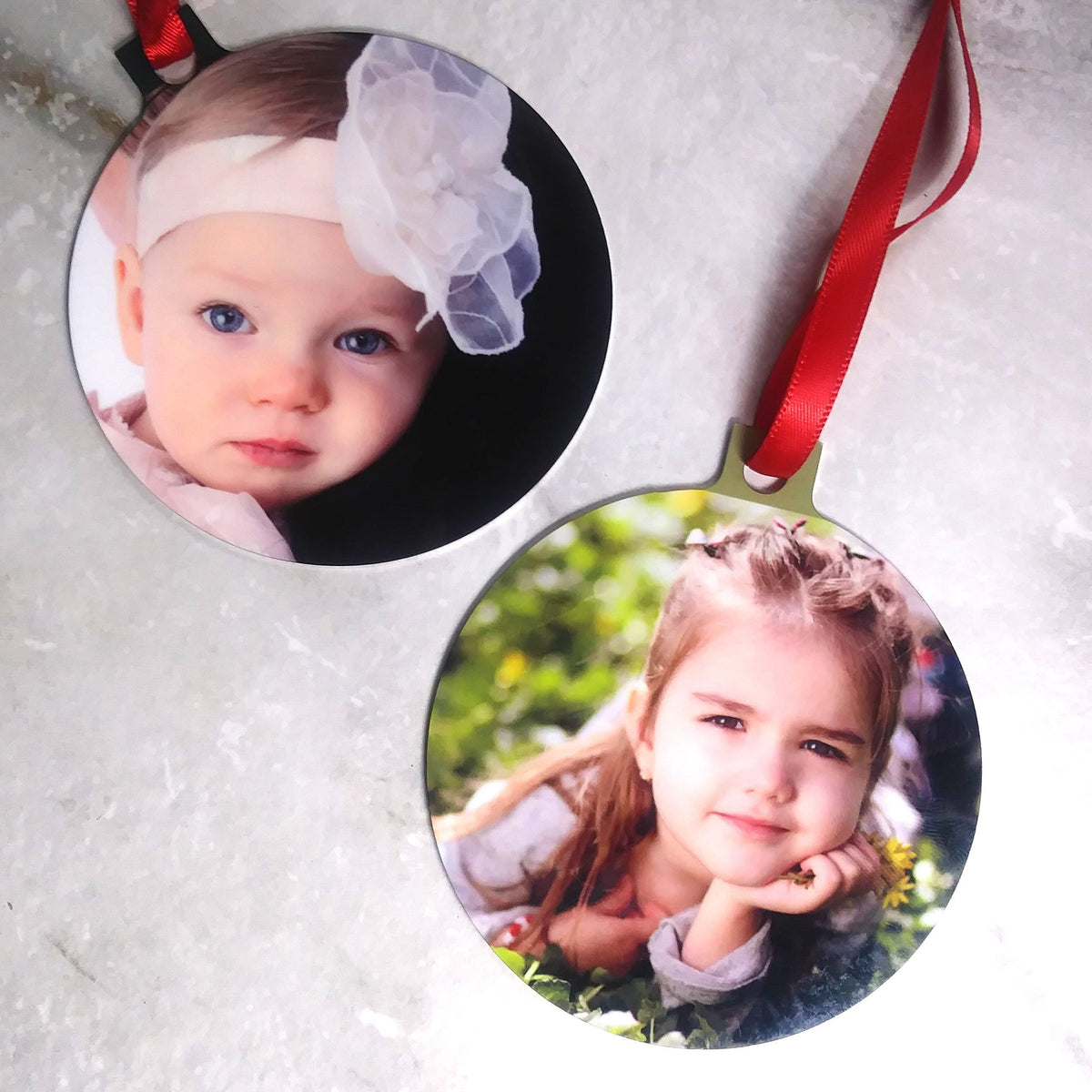 Christmas Photo Ornaments - Metal Round- Photos Both Sides - SophiaImpressions