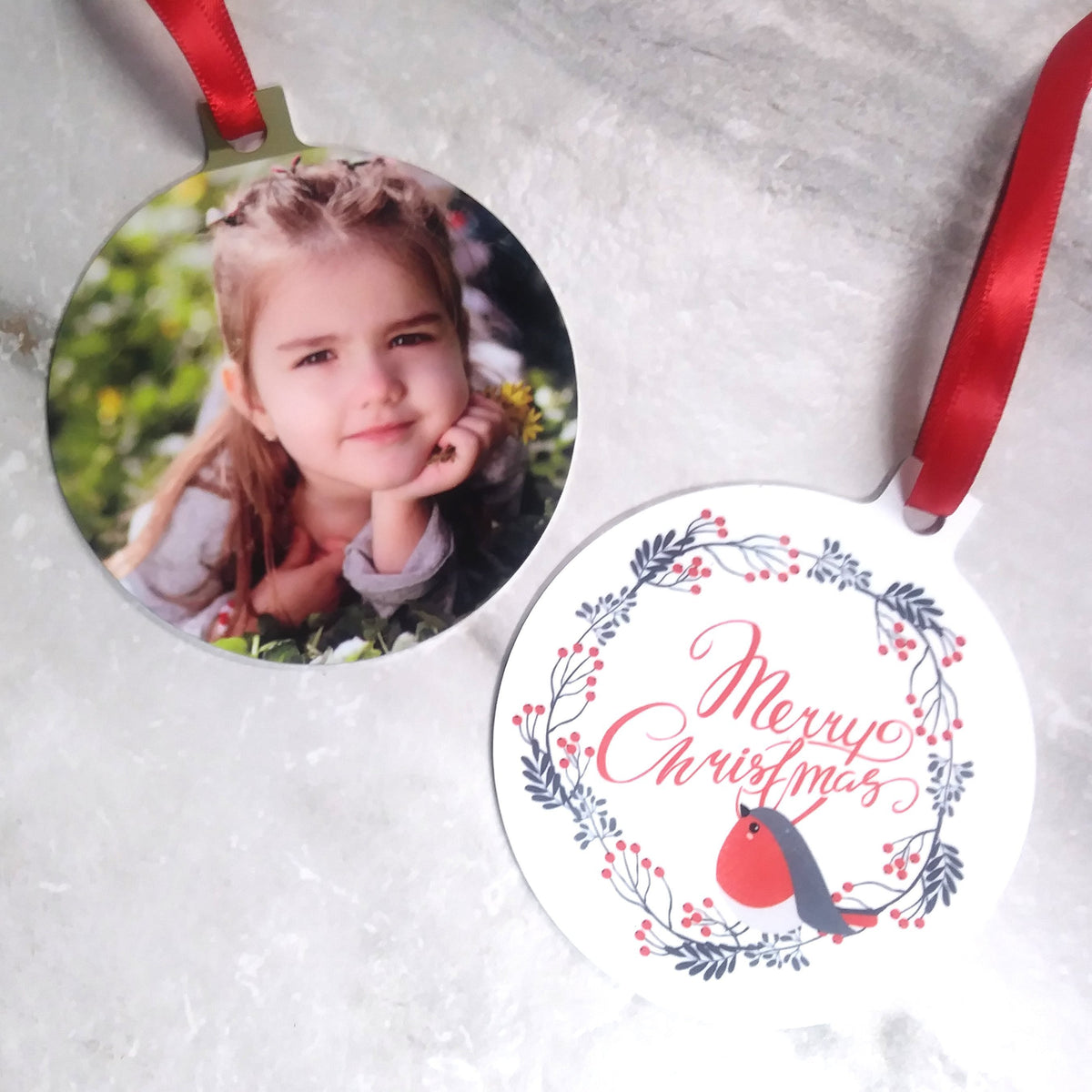 Christmas Photo Ornaments - Metal Round - Your Photo &amp; Merry Christmas Wreath &amp; Bird - SophiaImpressions