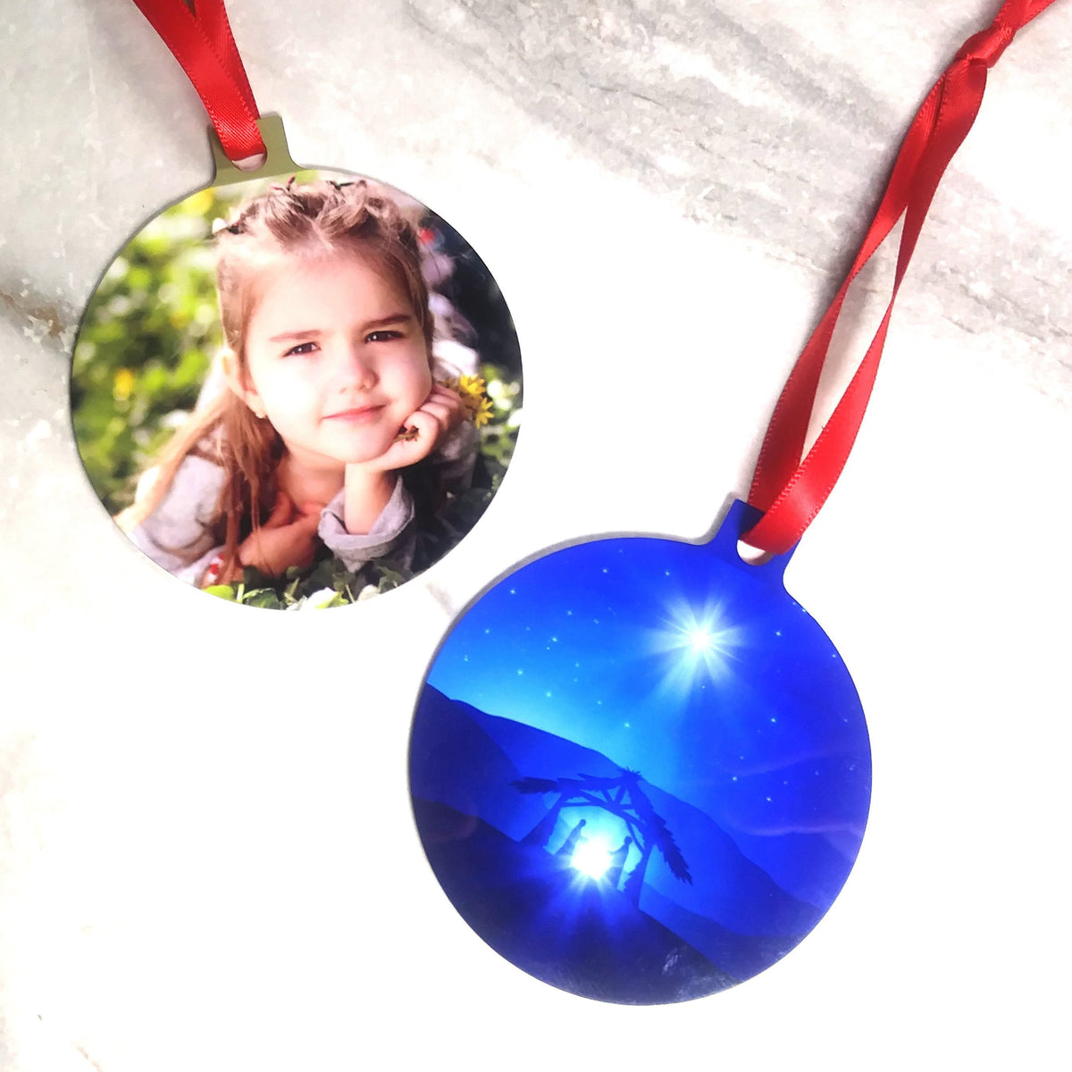Christmas Photo Ornaments - Metal Round - Your Photo &amp; Nativity Scene - SophiaImpressions