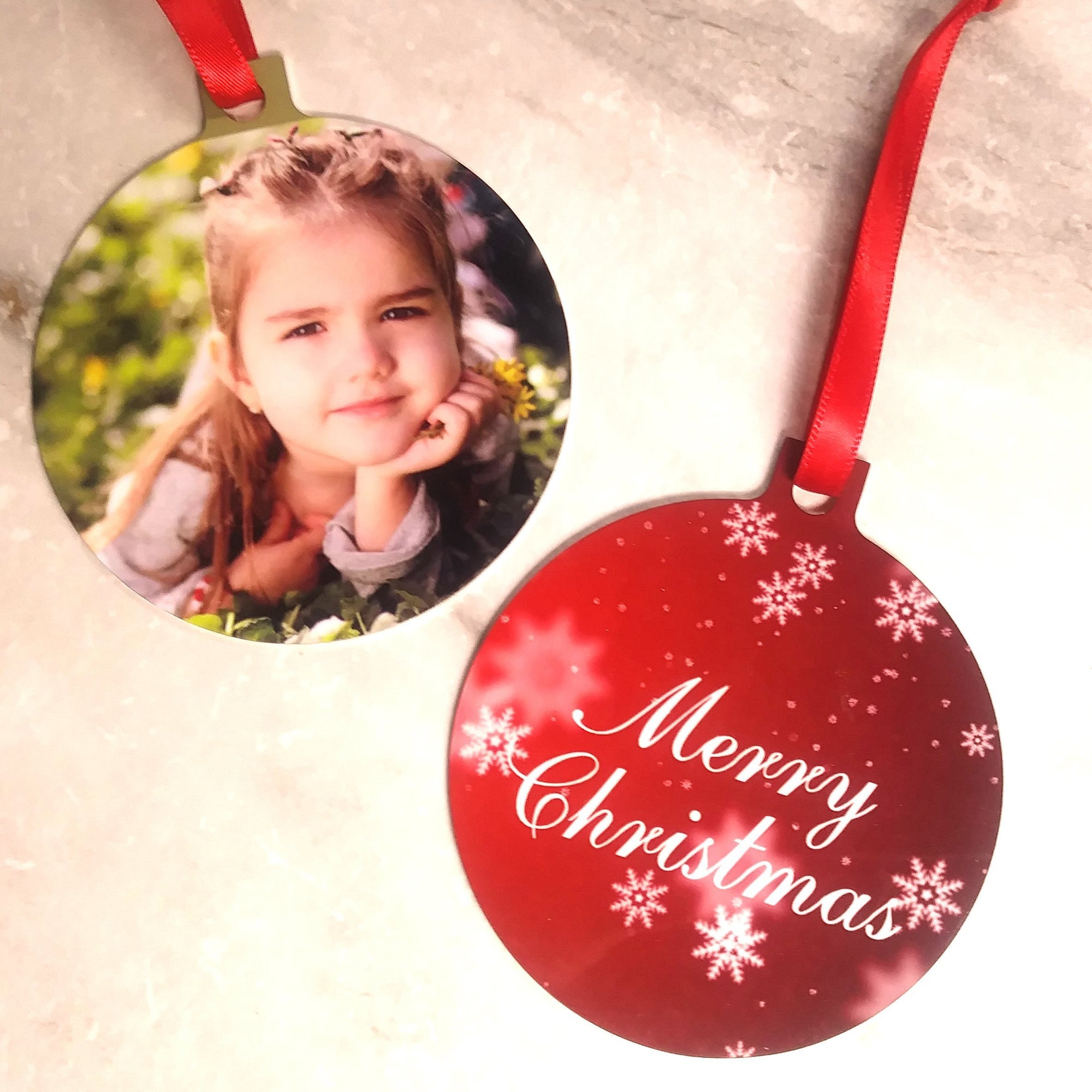 Christmas Photo Ornaments - Metal Round - Your Photo & Snow Flakes & Merry Christmas - SophiaImpressions
