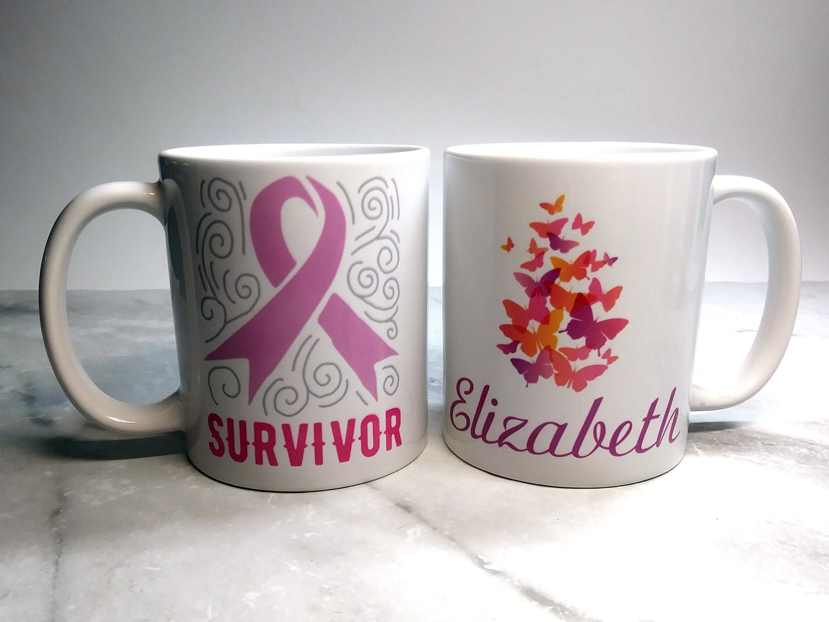 Personalized Mug - Pink Cancer Survivor Ribbon &amp; Butterflies - SophiaImpressions